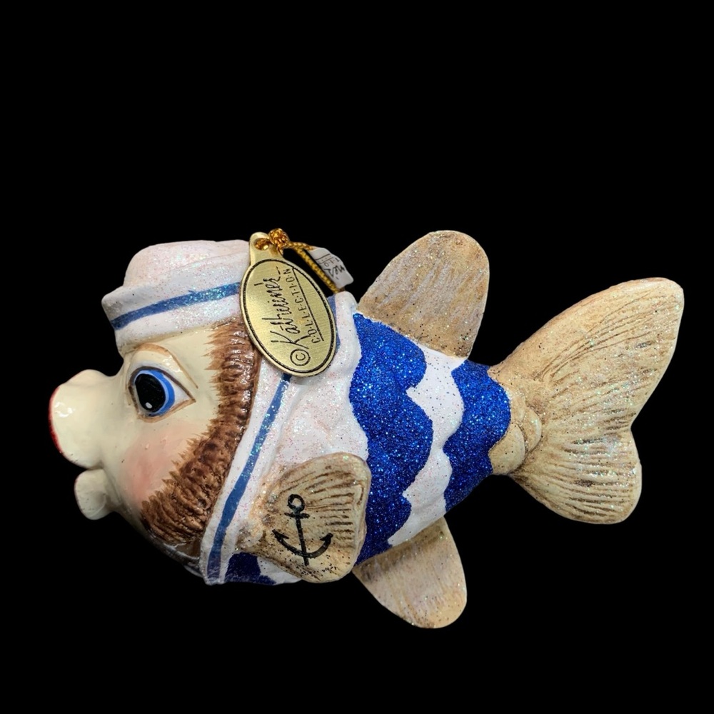 Katherine's Col.  4.5” Blue White Sailor Glitter Kissing Fish Ornament Ocean